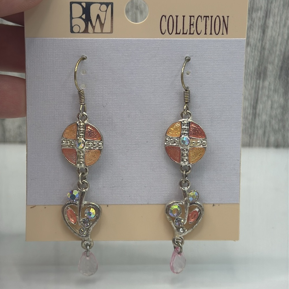 BW Collection Orange and Pink Dangle Earrings with Heart Charm